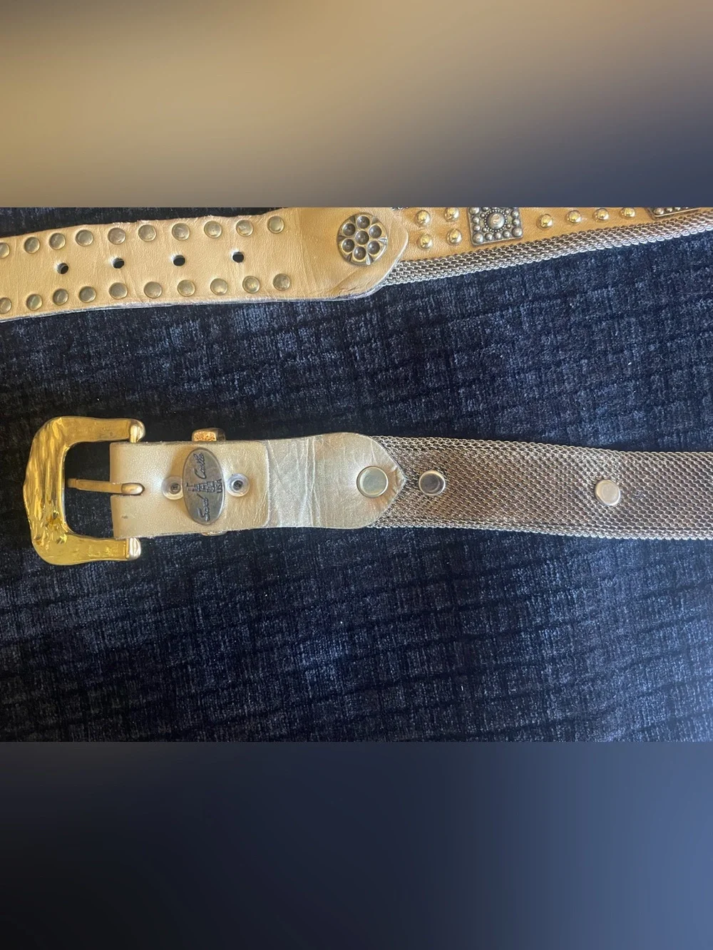Vintage Sand Castle Gold-Tone Studded Mesh Belt with Ornate Buckle